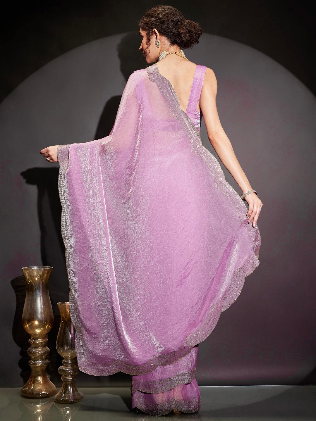 Janasya Women's Lavender Tissue Silk One-Minute Ready-to-Wear Embellished Saree with Unstitched Blouse