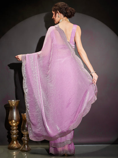 Janasya Women's Lavender Tissue Silk One-Minute Ready-to-Wear Embellished Saree with Unstitched Blouse