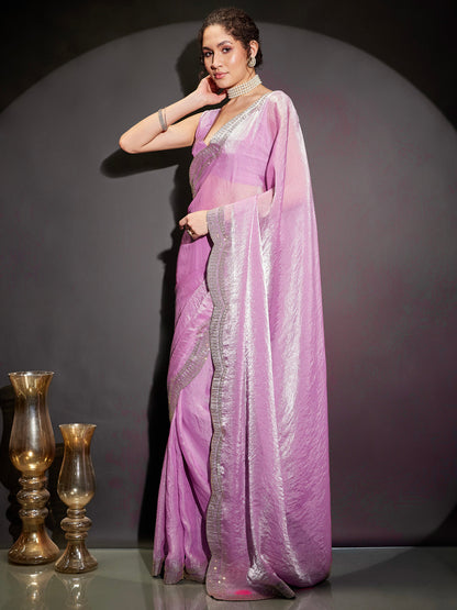 Janasya Women's Lavender Tissue Silk One-Minute Ready-to-Wear Embellished Saree with Unstitched Blouse