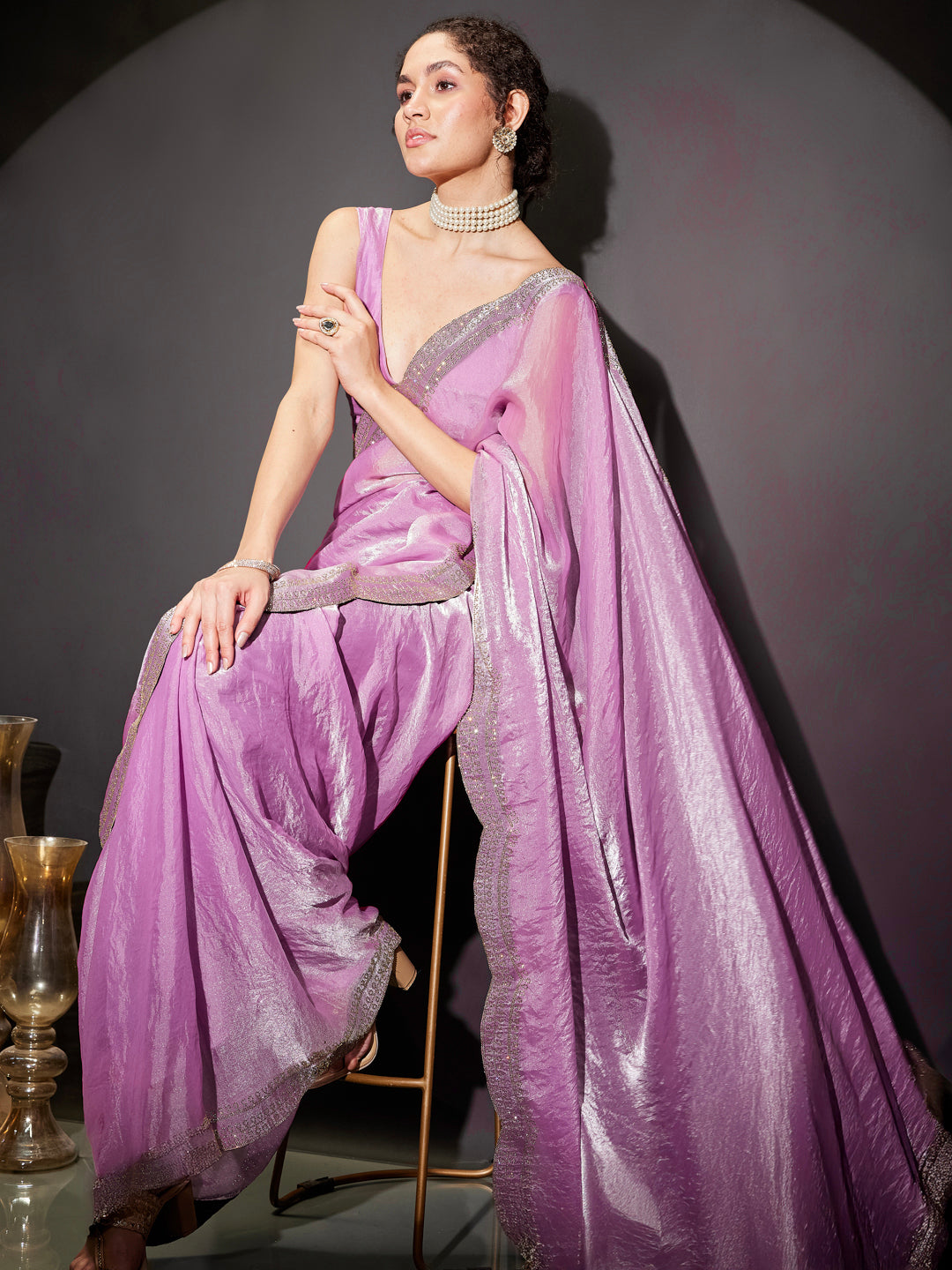 Janasya Women's Lavender Tissue Silk One-Minute Ready-to-Wear Embellished Saree with Unstitched Blouse