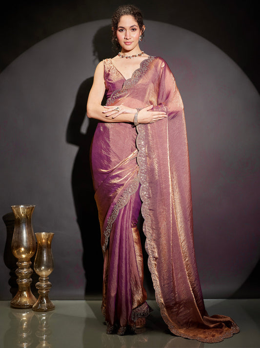 Janasya Women's Purple & Gold Tissue Silk One-Minute Ready-to-Wear Embellished Saree with Unstitched Blouse