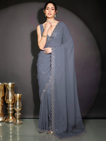 Janasya Women's Grey Georgette One-Minute Ready-to-Wear Embellished Saree with Unstitched Blouse