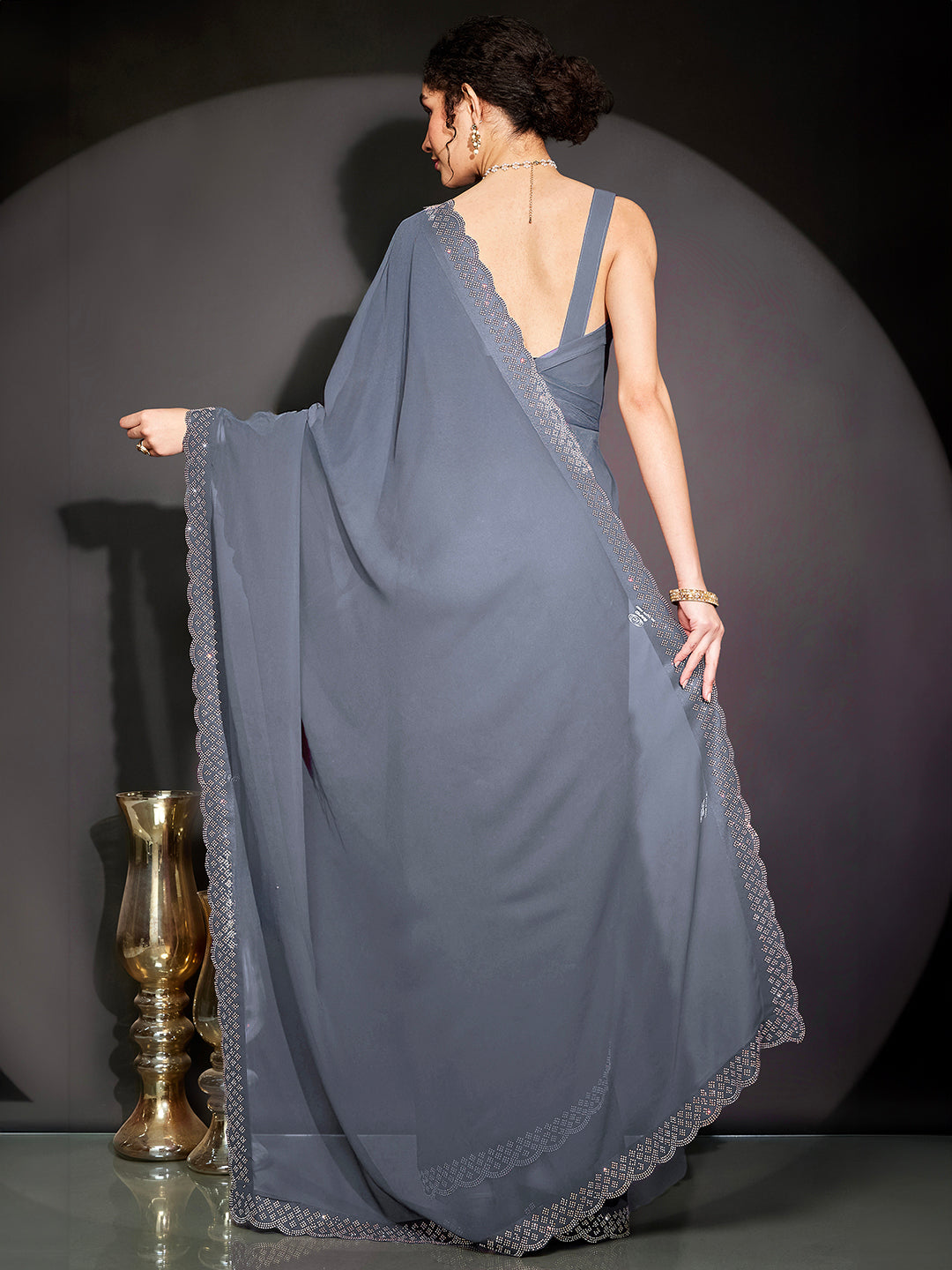 Janasya Women's Grey Georgette One-Minute Ready-to-Wear Embellished Saree with Unstitched Blouse