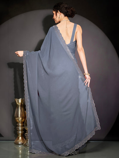 Janasya Women's Grey Georgette One-Minute Ready-to-Wear Embellished Saree with Unstitched Blouse
