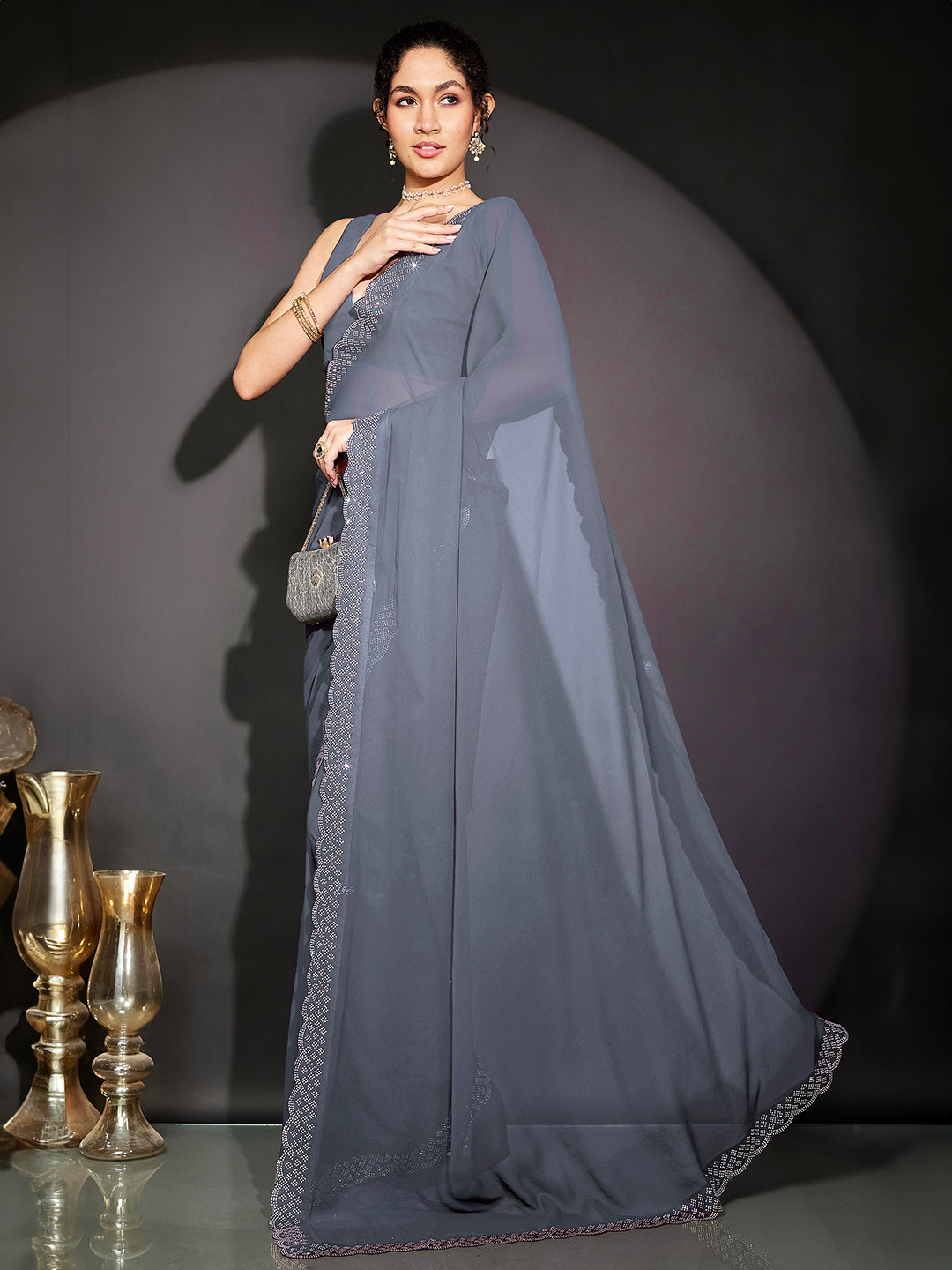 Janasya Women's Grey Georgette One-Minute Ready-to-Wear Embellished Saree with Unstitched Blouse