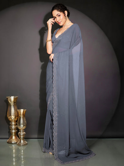 Janasya Women's Grey Georgette One-Minute Ready-to-Wear Embellished Saree with Unstitched Blouse