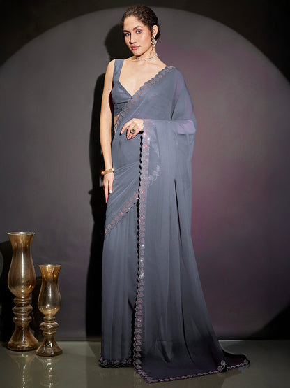 Janasya Women's Grey Georgette One-Minute Ready-to-Wear Embellished Saree with Unstitched Blouse