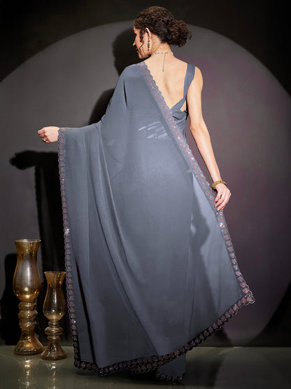 Janasya Women's Grey Georgette One-Minute Ready-to-Wear Embellished Saree with Unstitched Blouse