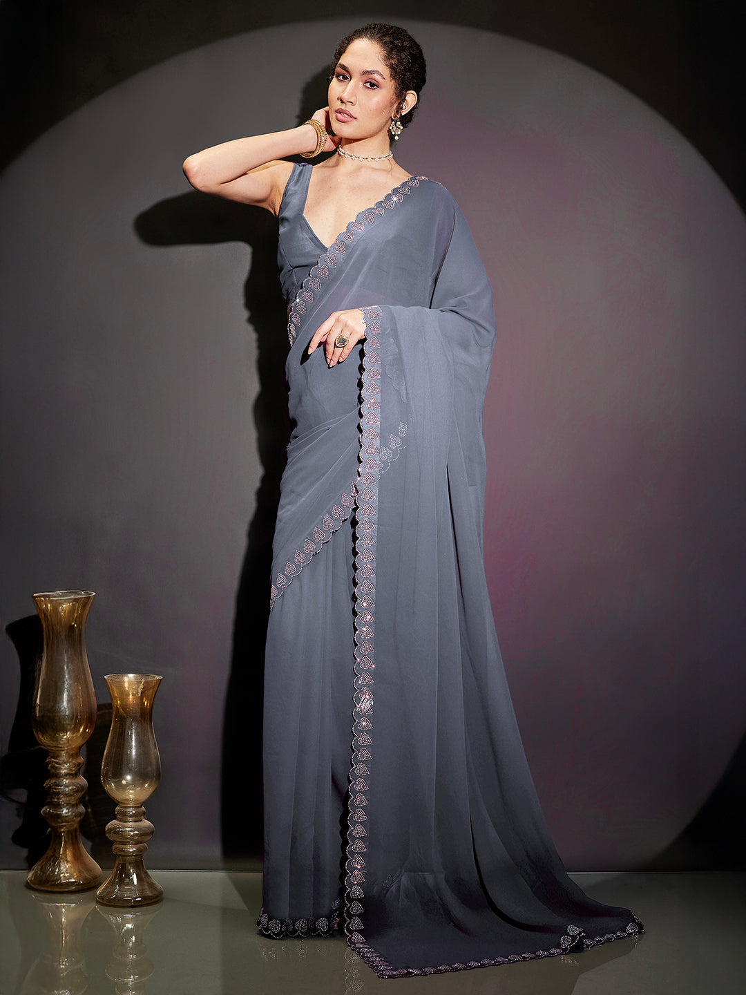Janasya Women's Grey Georgette One-Minute Ready-to-Wear Embellished Saree with Unstitched Blouse