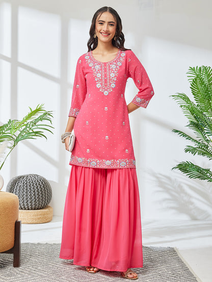 Janasya Women's Pink Georgette Zari Rubber Floral Print Straight Kurta with Sharara Set