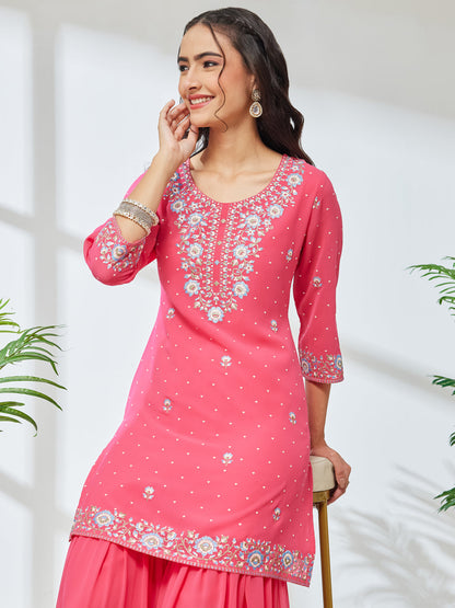 Janasya Women's Pink Georgette Zari Rubber Floral Print Straight Kurta with Sharara Set