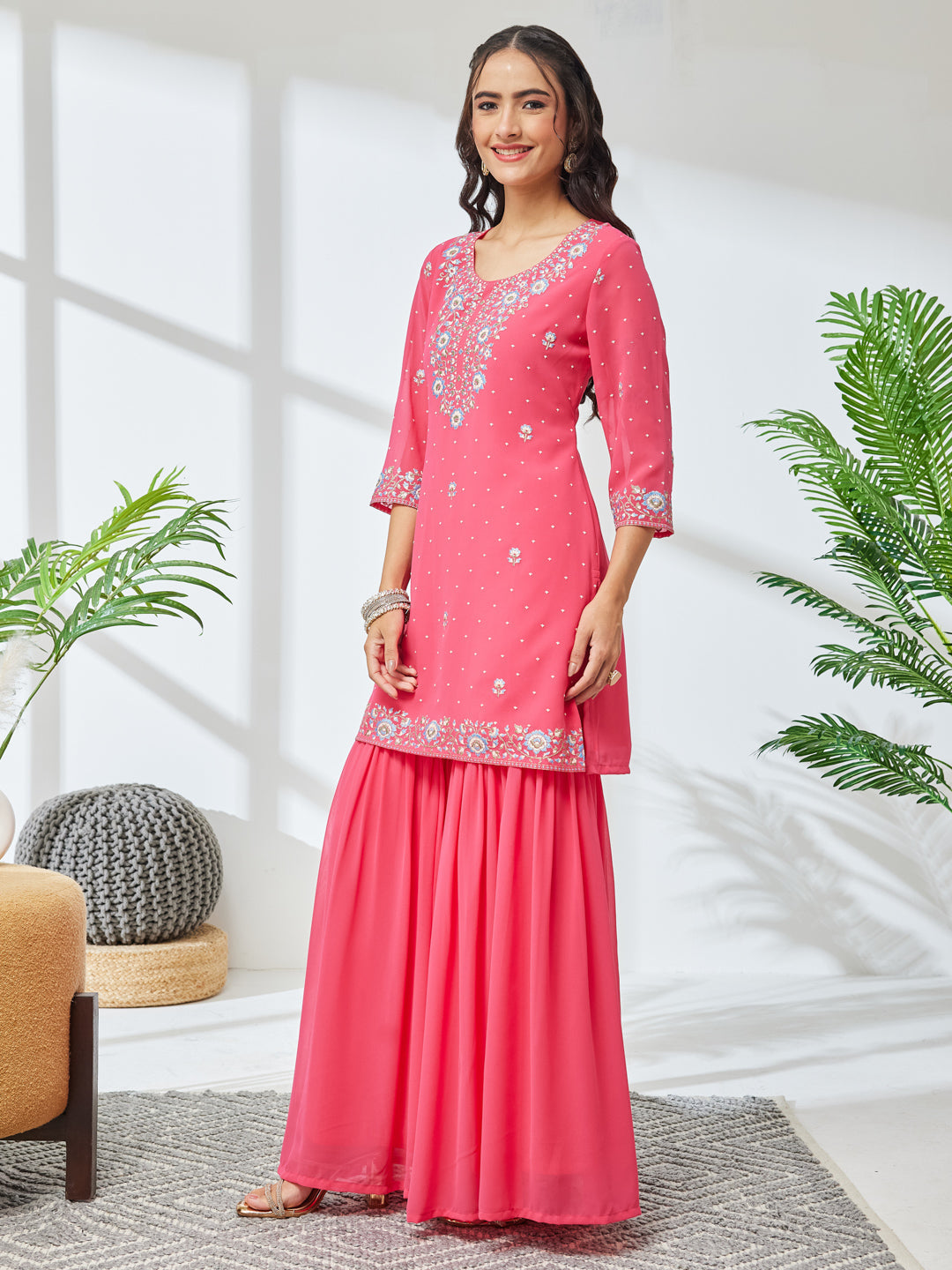 Janasya Women's Pink Georgette Zari Rubber Floral Print Straight Kurta with Sharara Set