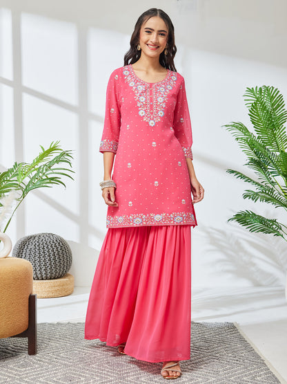 Janasya Women's Pink Georgette Zari Rubber Floral Print Straight Kurta with Sharara Set