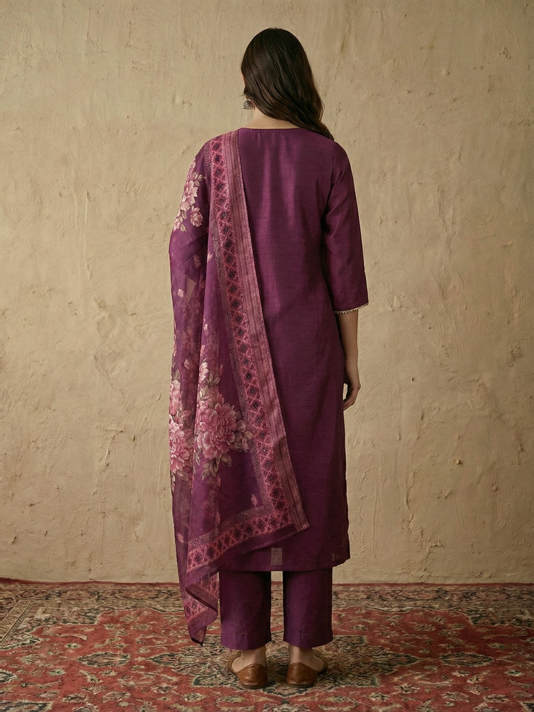 Janasya Women's Wine Silk Blend Straight Kurta Set With Printed Dupatta