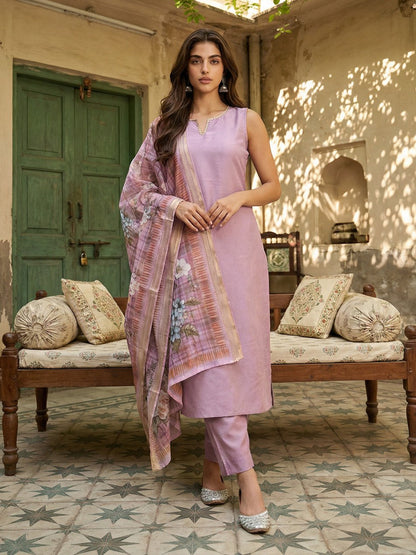 Janasya Women's Lavender Silk Blend Solid Straight Kurta Set