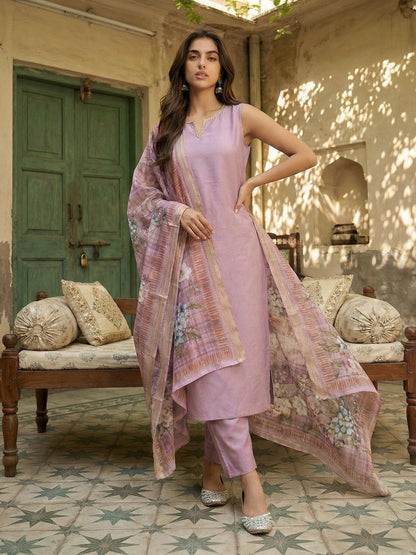 Janasya Women's Lavender Silk Blend Solid Straight Kurta Set