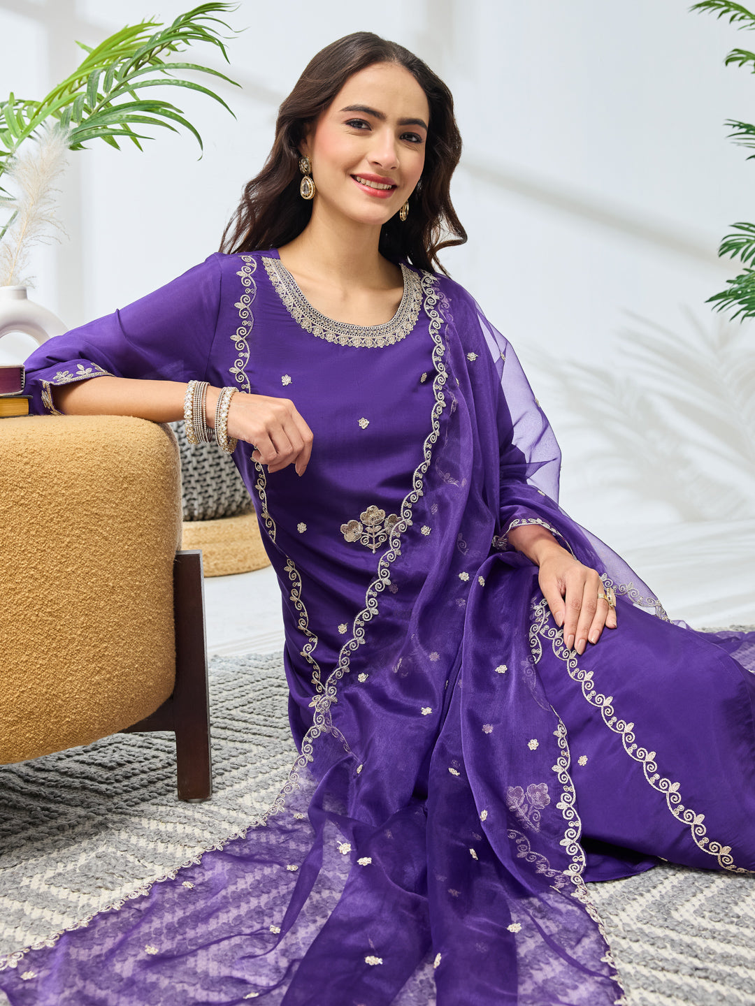 Janasya Women's Purple Silk Blend Embroidered Straight Kurta Set