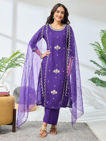 Janasya Women's Purple Silk Blend Embroidered Straight Kurta Set