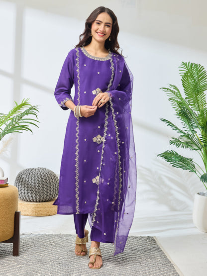 Janasya Women's Purple Silk Blend Embroidered Straight Kurta Set