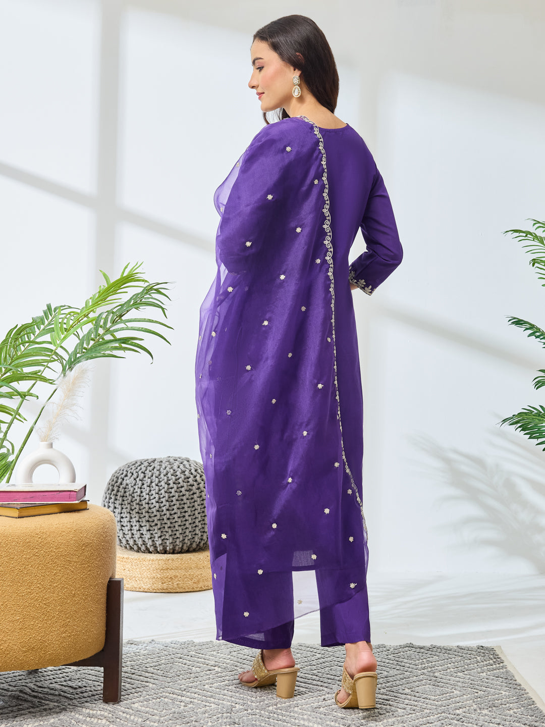 Janasya Women's Purple Silk Blend Embroidered Straight Kurta Set