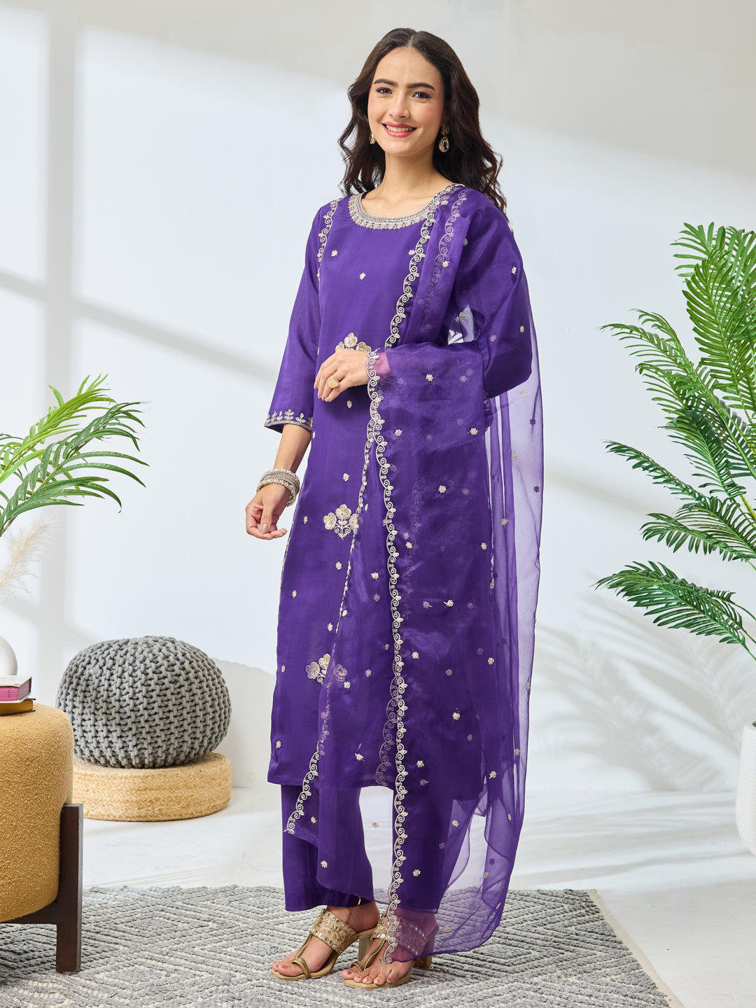 Janasya Women's Purple Silk Blend Embroidered Straight Kurta Set
