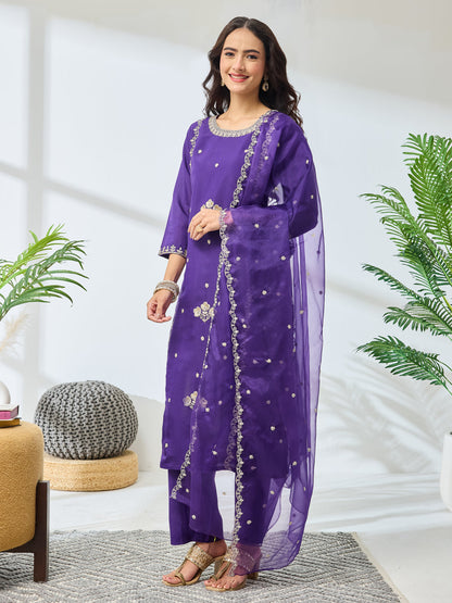 Janasya Women's Purple Silk Blend Embroidered Straight Kurta Set