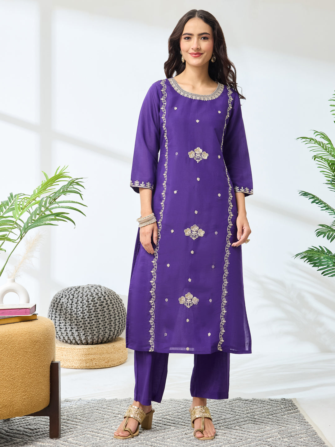 Janasya Women's Purple Silk Blend Embroidered Straight Kurta Set