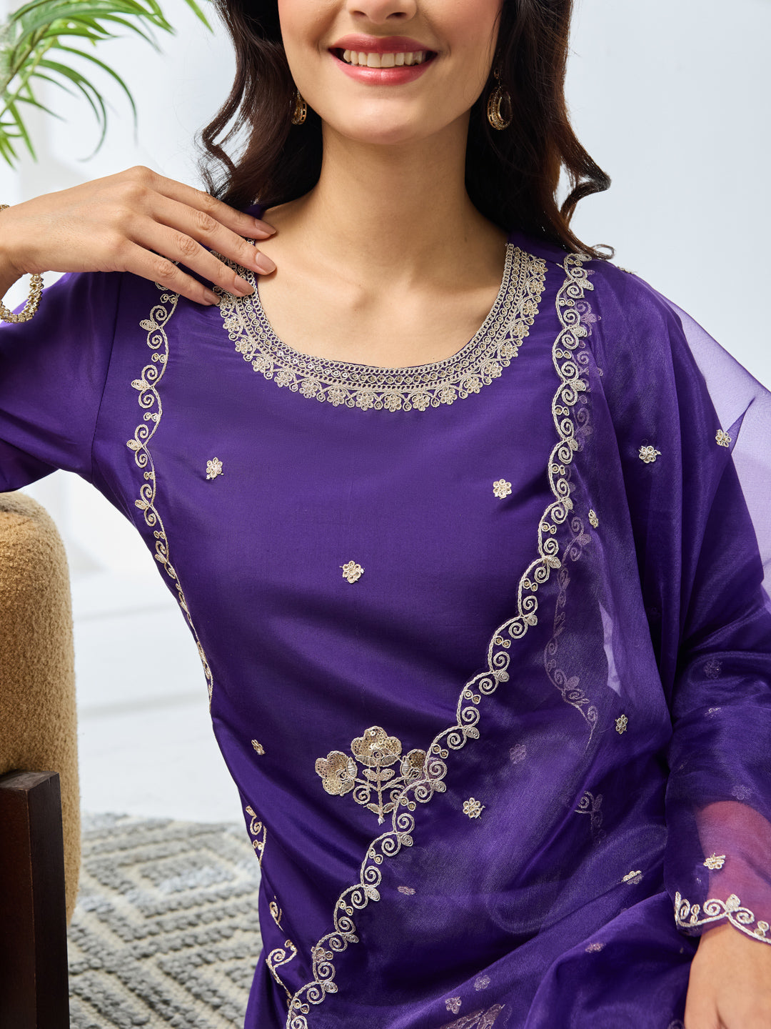 Janasya Women's Purple Silk Blend Embroidered Straight Kurta Set
