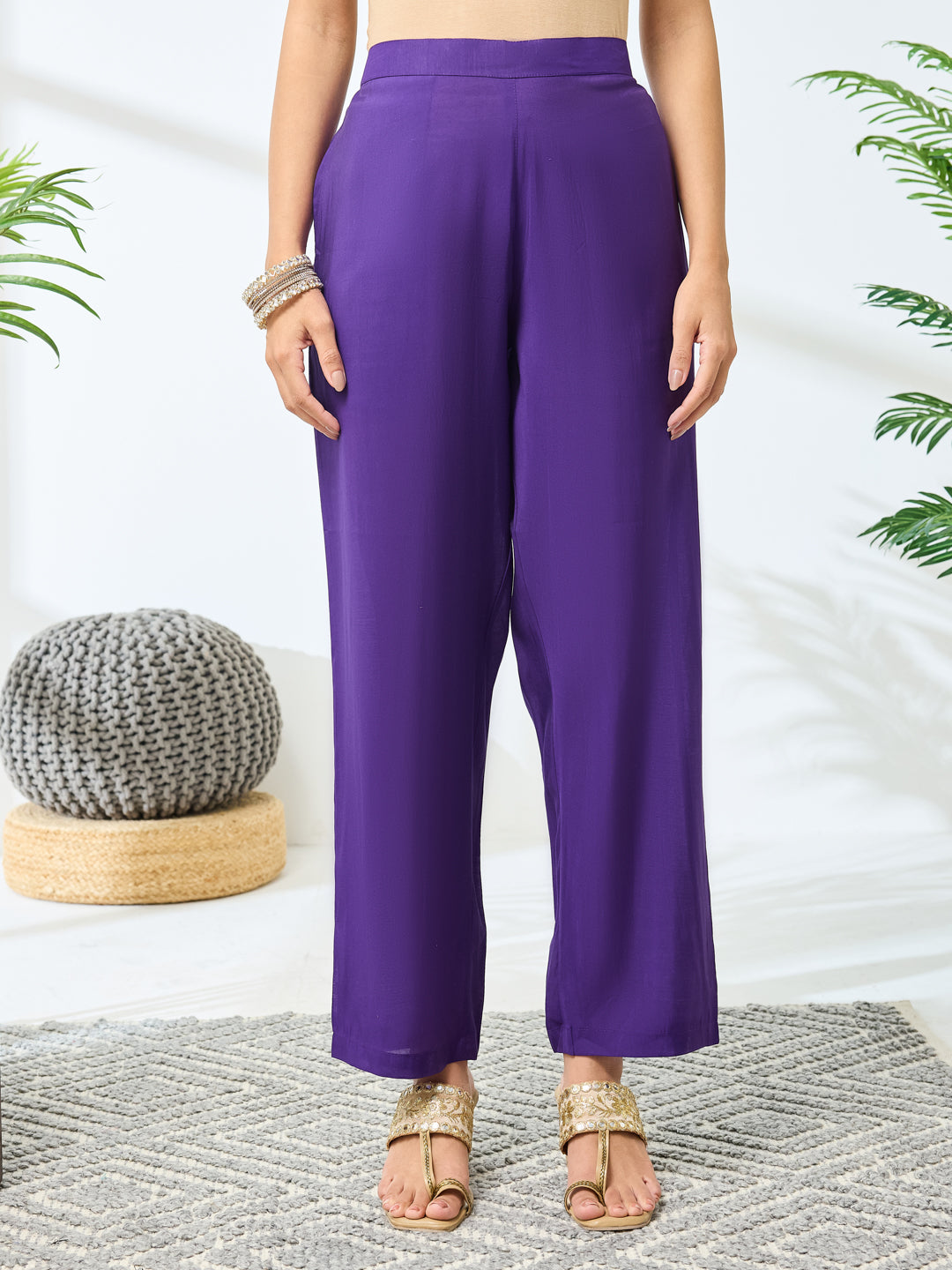 Janasya Women's Purple Silk Blend Embroidered Straight Kurta Set