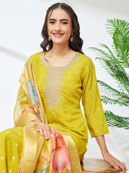 Janasya Women's Lime Yellow Silk Blend Embroidered Straight Kurta Set