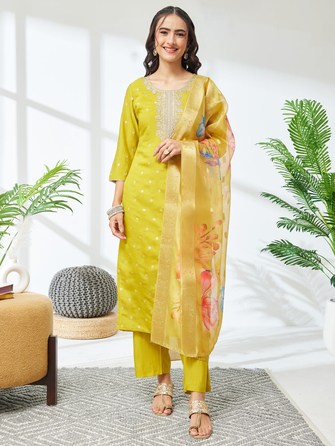 Janasya Women's Lime Yellow Silk Blend Embroidered Straight Kurta Set