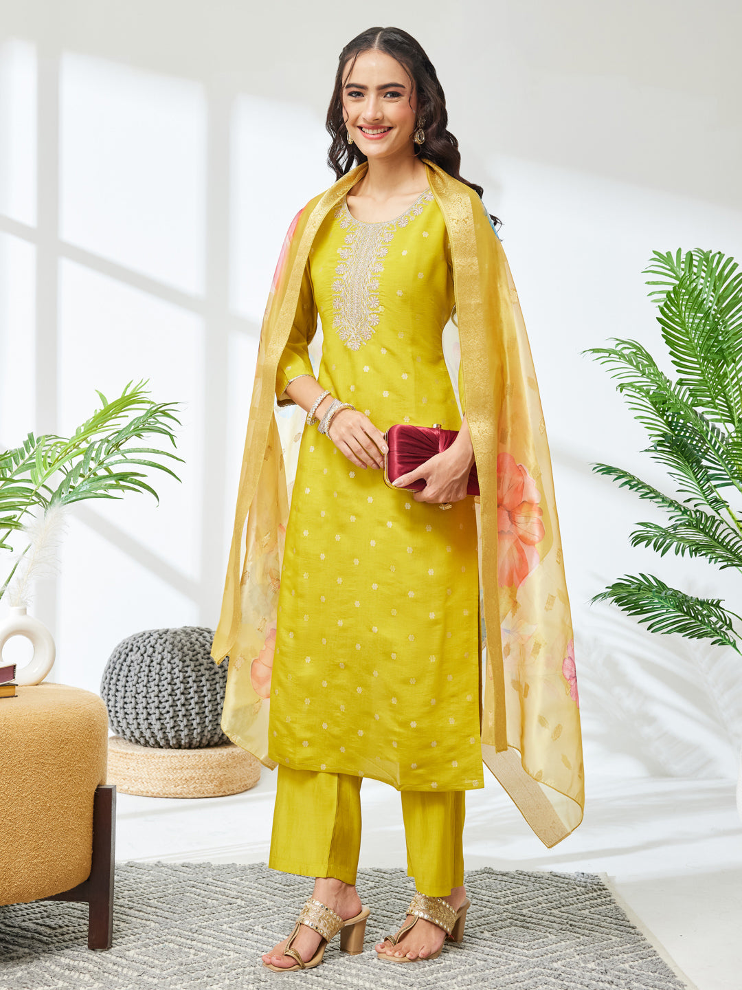 Janasya Women's Lime Yellow Silk Blend Embroidered Straight Kurta Set