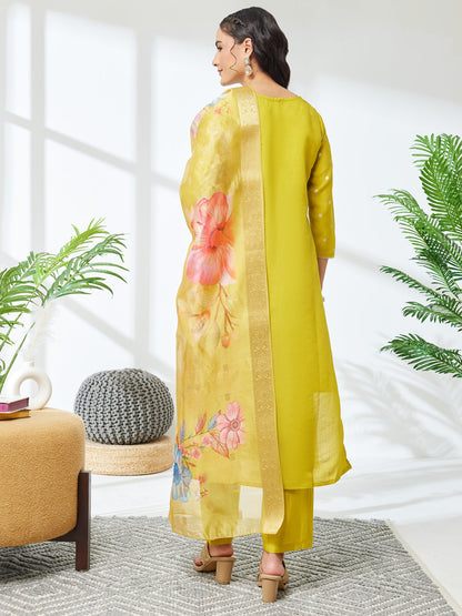 Janasya Women's Lime Yellow Silk Blend Embroidered Straight Kurta Set