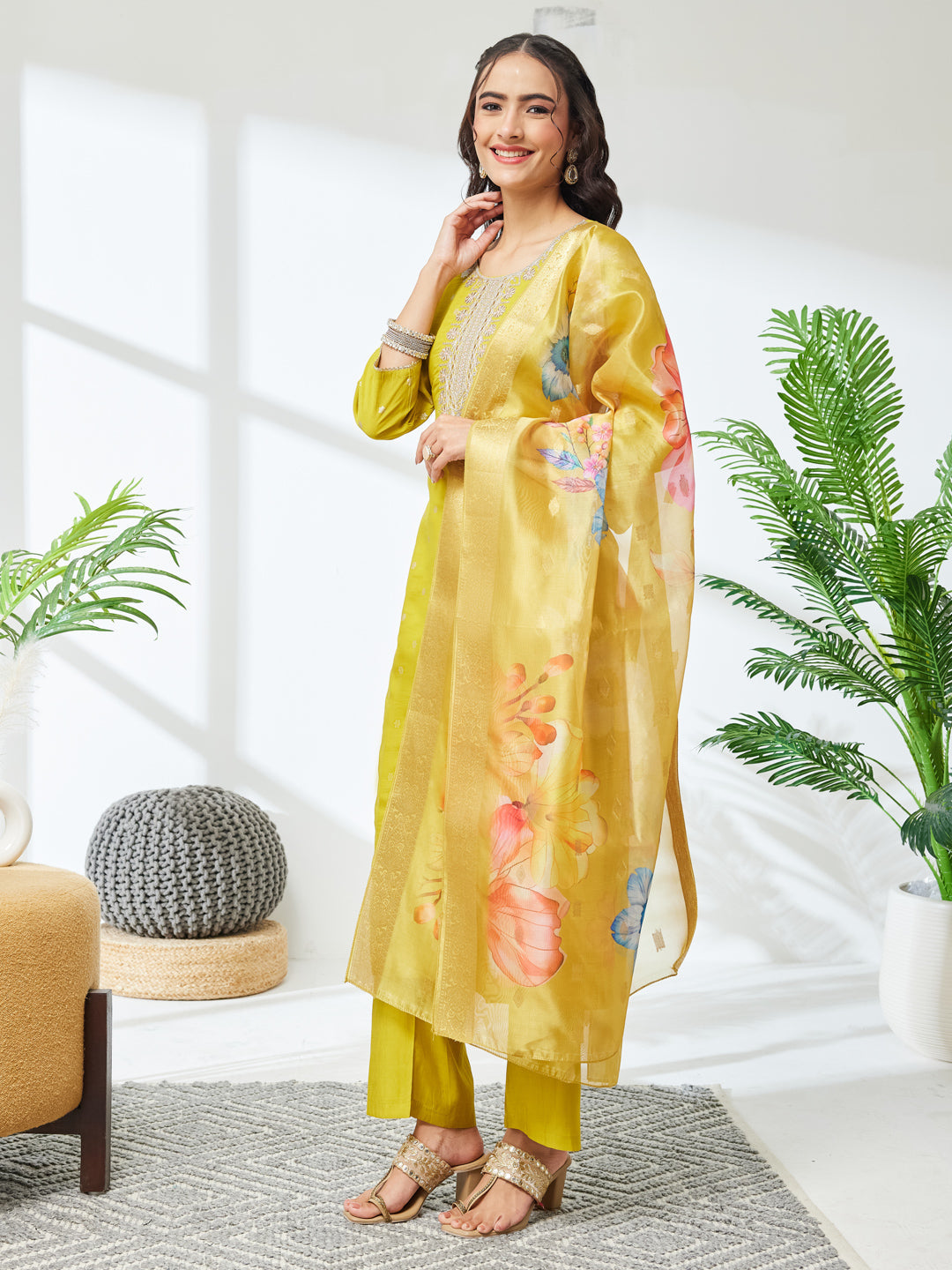 Janasya Women's Lime Yellow Silk Blend Embroidered Straight Kurta Set