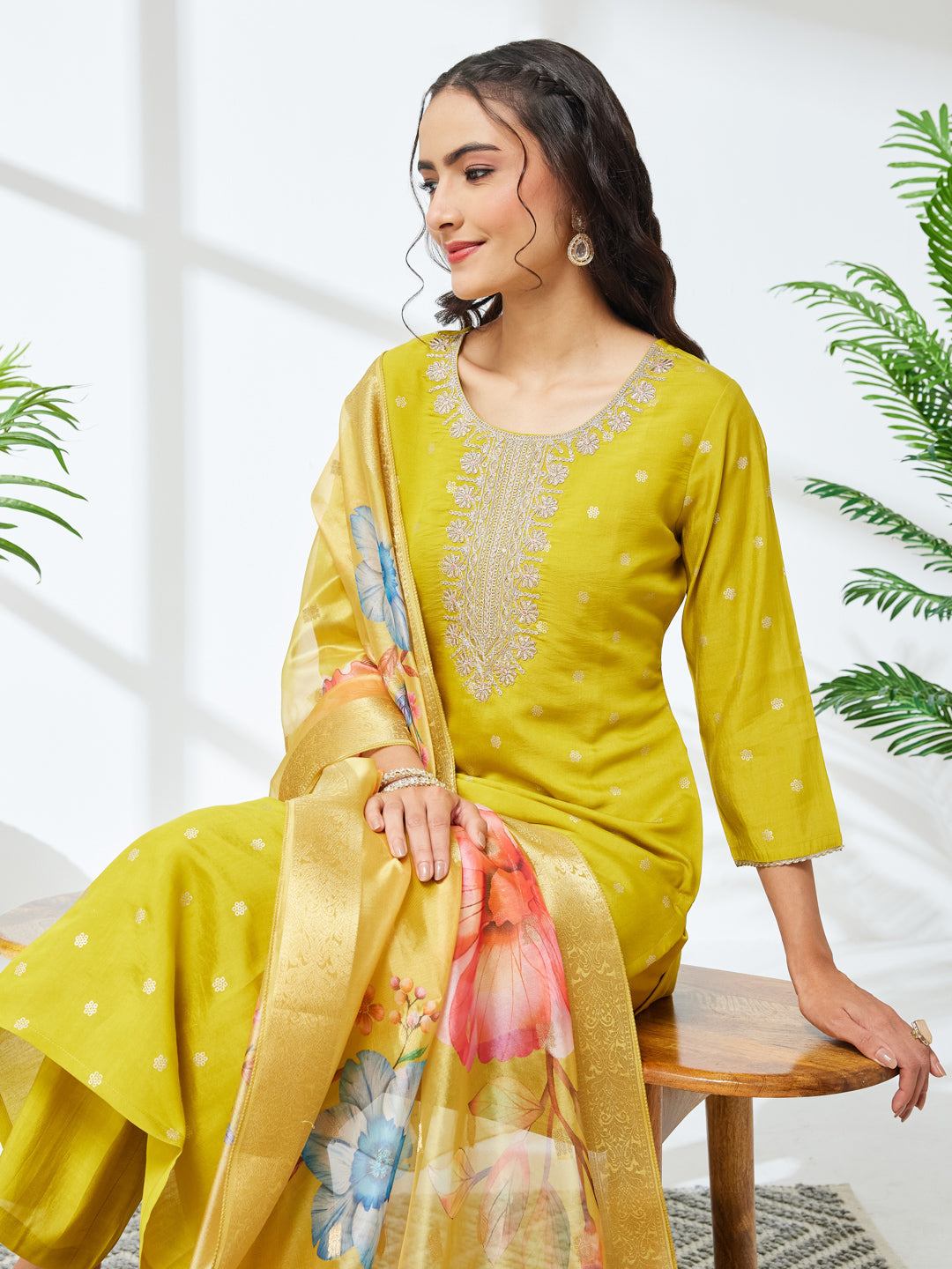 Janasya Women's Lime Yellow Silk Blend Embroidered Straight Kurta Set