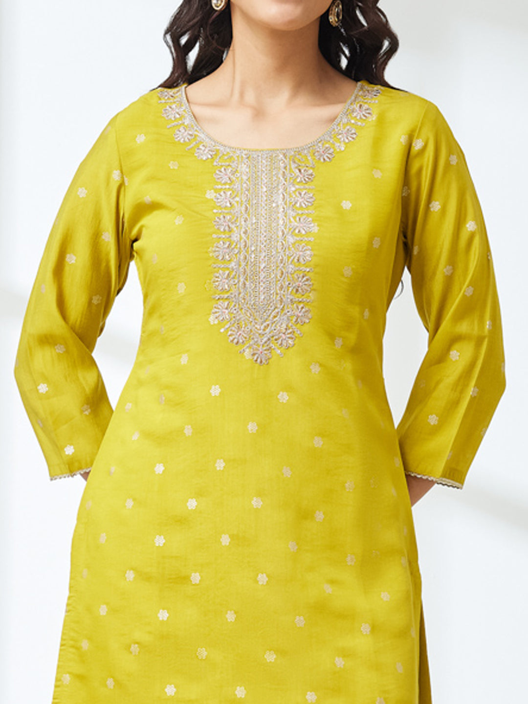 Janasya Women's Lime Yellow Silk Blend Embroidered Straight Kurta Set