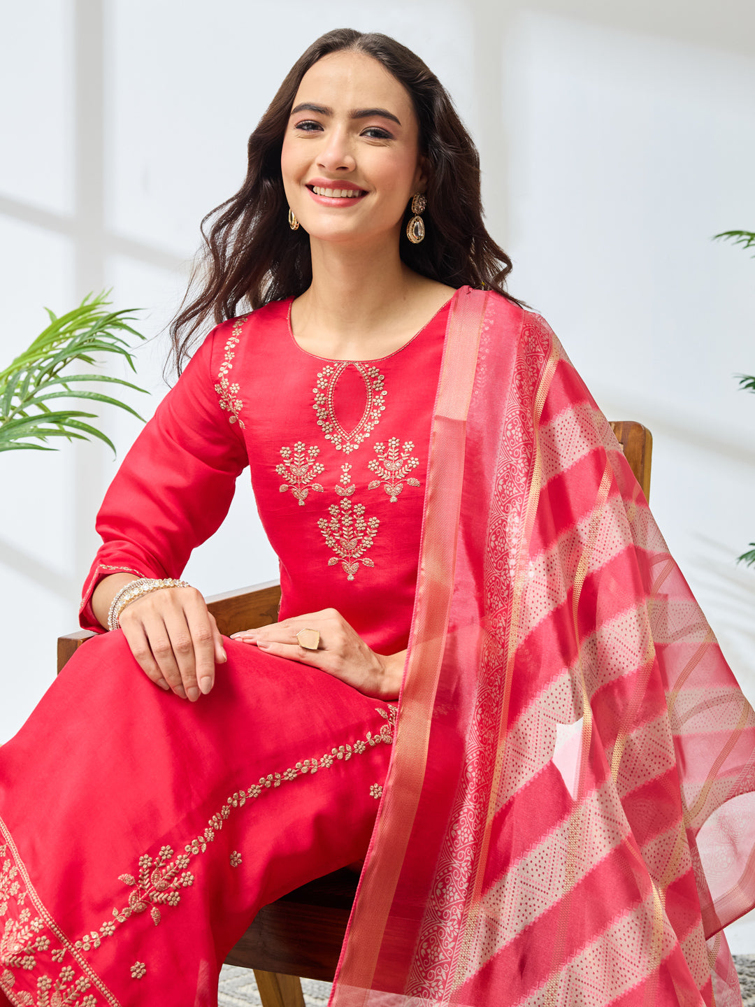Janasya Women's Pink Silk Blend Embroidered Straight Kurta Set