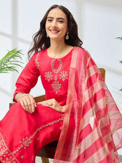 Janasya Women's Pink Silk Blend Embroidered Straight Kurta Set