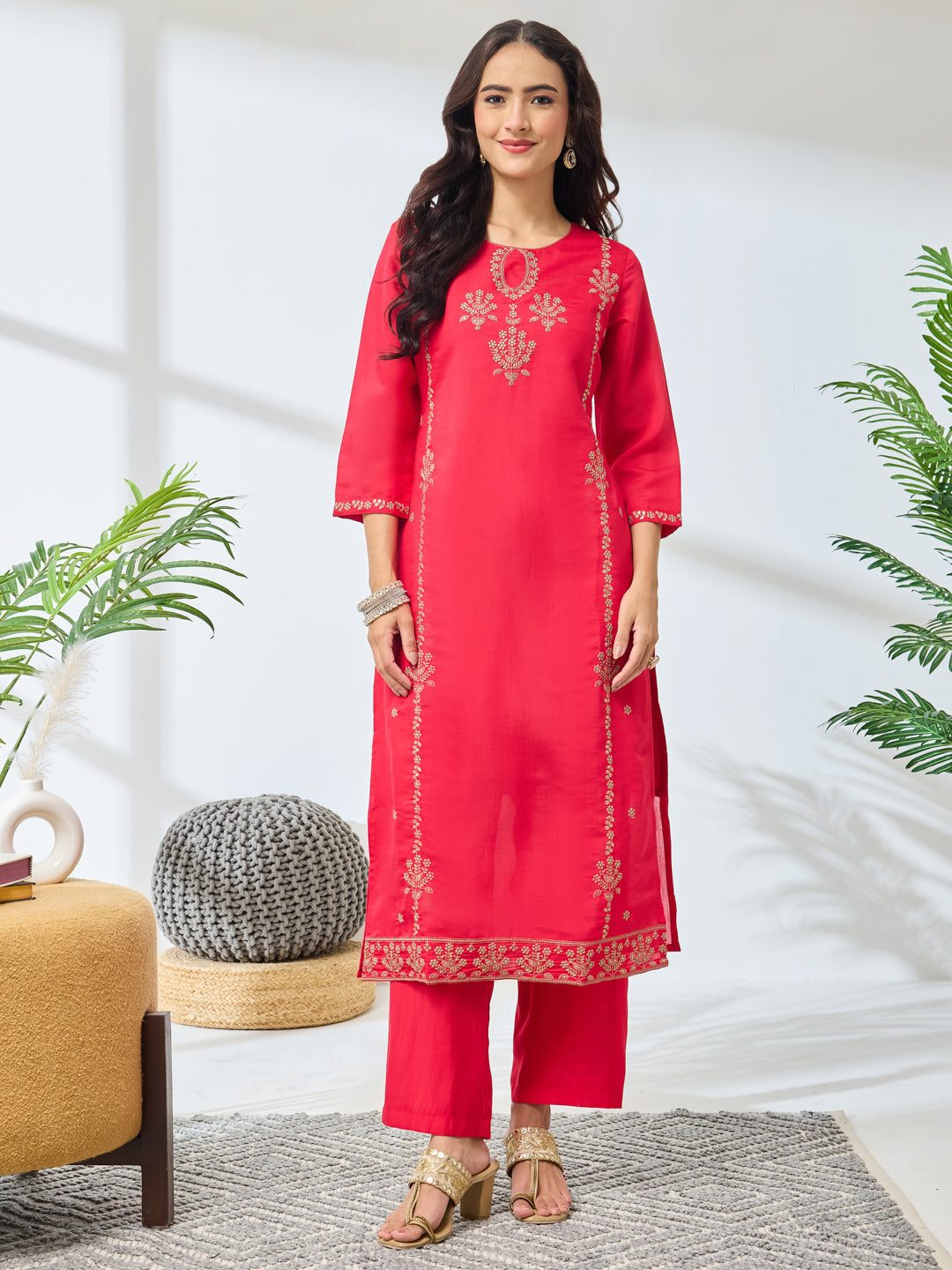 Janasya Women's Pink Silk Blend Embroidered Straight Kurta Set