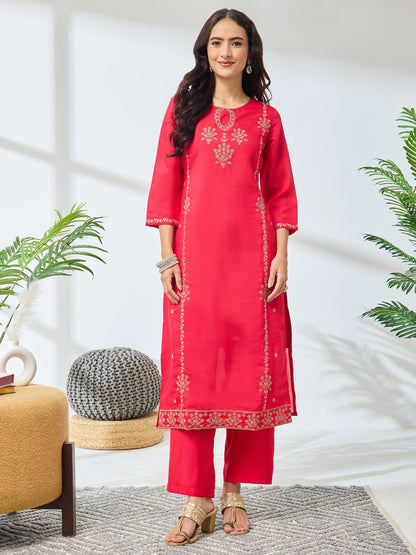 Janasya Women's Pink Silk Blend Embroidered Straight Kurta Set