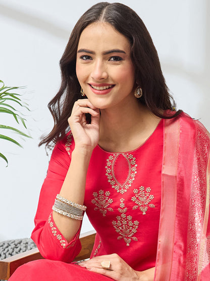 Janasya Women's Pink Silk Blend Embroidered Straight Kurta Set