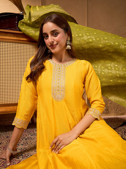 Janasya Women's Yellow Silk Blend Yoke Embroidered Anarkali Kurta Set with Jacquard Dupatta