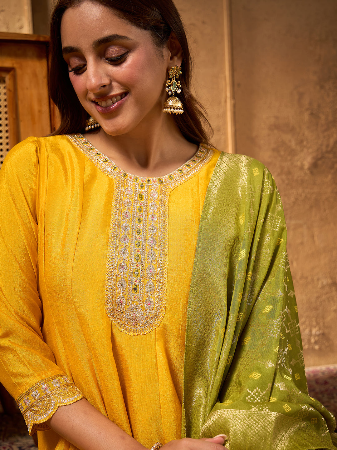 Janasya Women's Yellow Silk Blend Yoke Embroidered Anarkali Kurta Set with Jacquard Dupatta