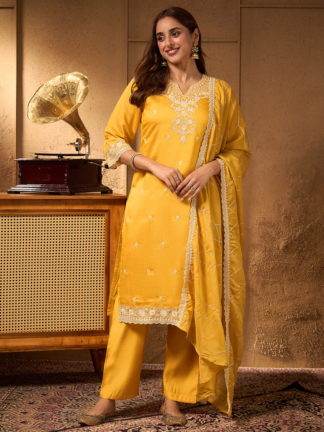 Janasya Women's Yellow Silk Blend Embroidered Straight Kurta Set