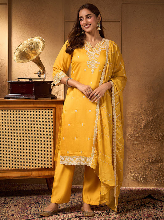 Janasya Women's Yellow Silk Blend Embroidered Straight Kurta Set