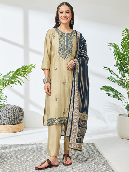Janasya Women's Light Olive Chanderi Yoke Embroidered Straight Kurta Set