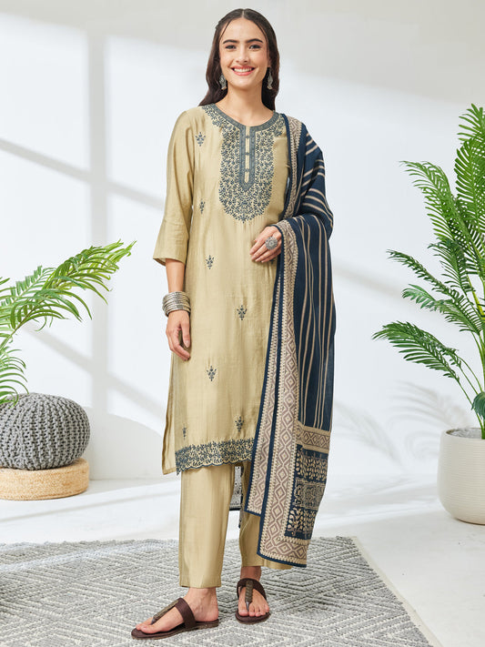 Janasya Women's Light Olive Chanderi Yoke Embroidered Straight Kurta Set