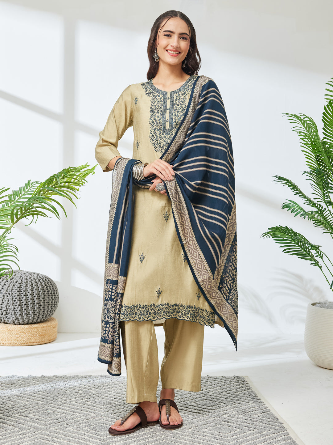 Janasya Women's Light Olive Chanderi Yoke Embroidered Straight Kurta Set
