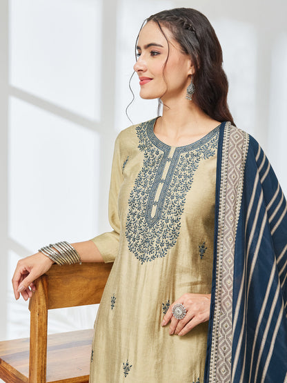 Janasya Women's Light Olive Chanderi Yoke Embroidered Straight Kurta Set