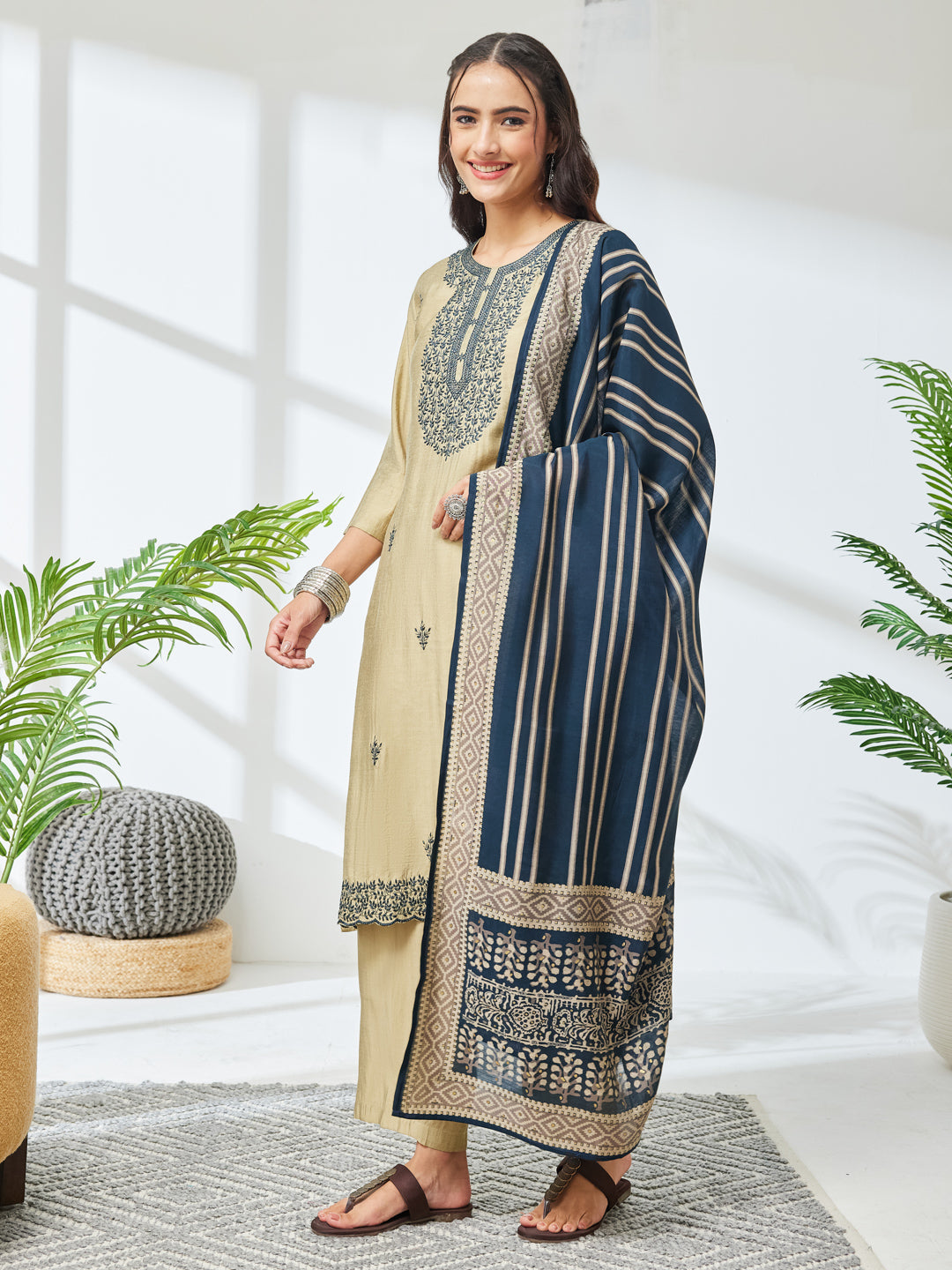 Janasya Women's Light Olive Chanderi Yoke Embroidered Straight Kurta Set
